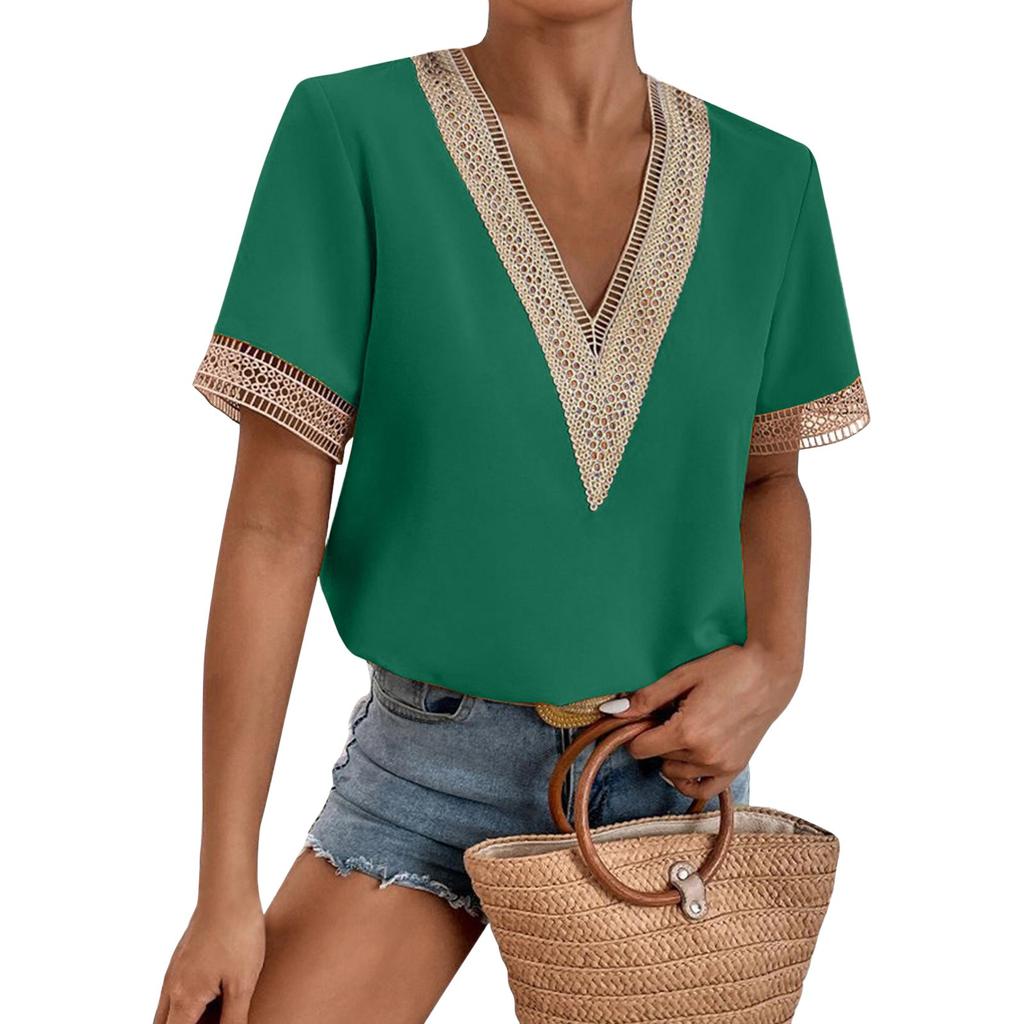 Women's Fashion Solid Color Loose T-shirt Lace Lace Short Sleeve Chiffon Top