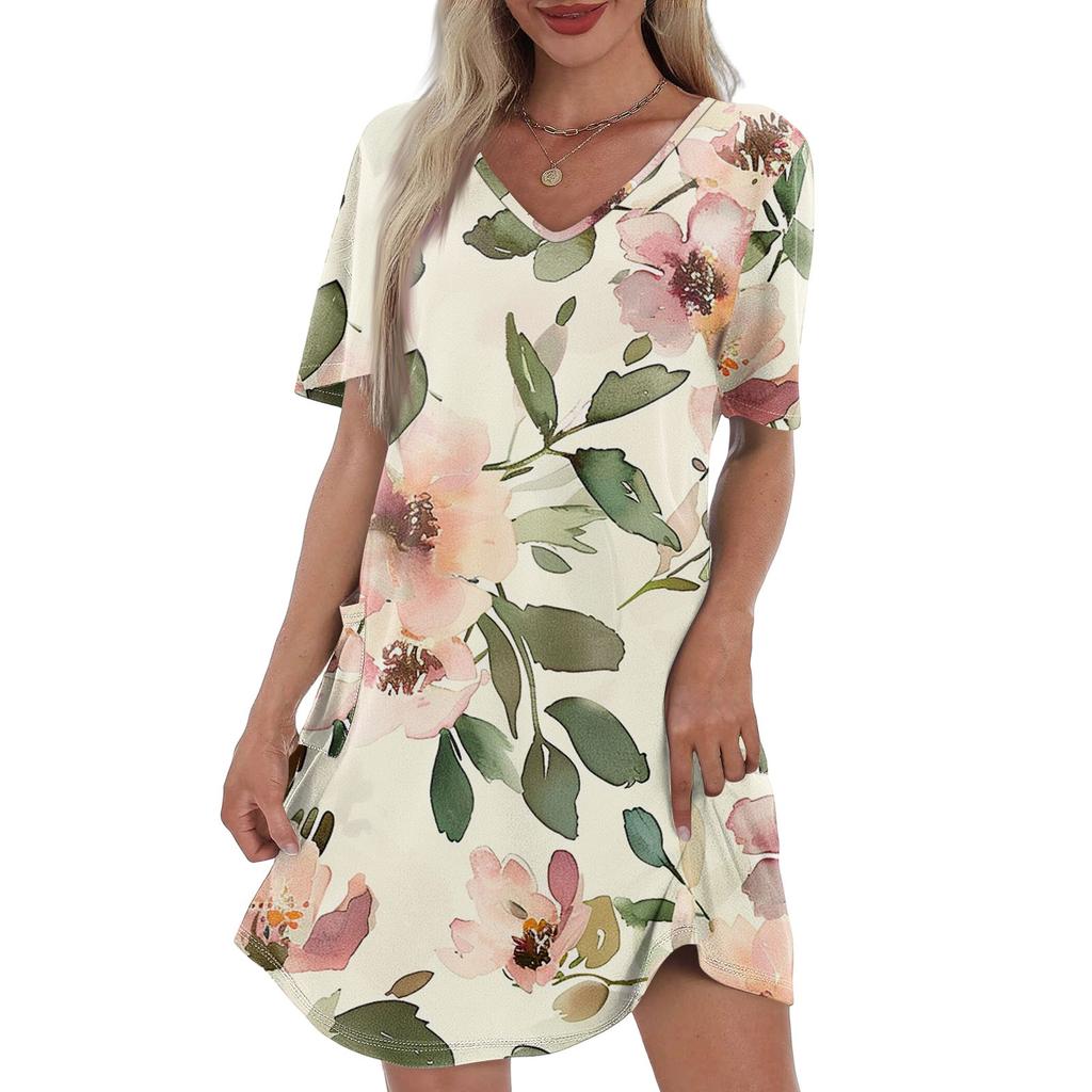 Women's Summer Fashion Casual V-Neck Floral Print Short Sleeve Pocket Dress