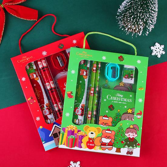 Christmas Stationery Set Cartoon Xmas Pattern Pencil Sharpener Erasers Pencils Kawaii School Stationery Supplies