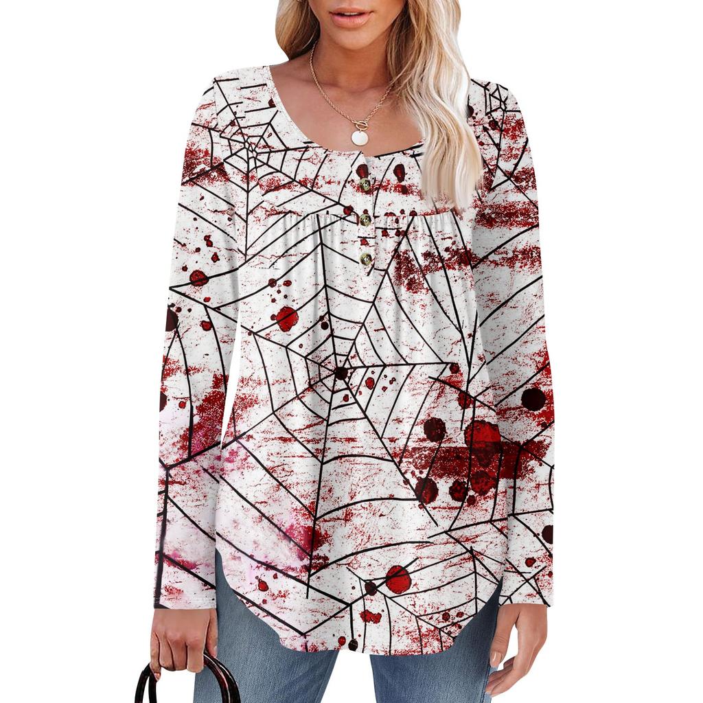 Женская туника с длинным рукавом, свободные топы, повседневные топы оверсайз, плиссированная туника, застегивающаяся на пуговицы, повседневные женские топы с принтом