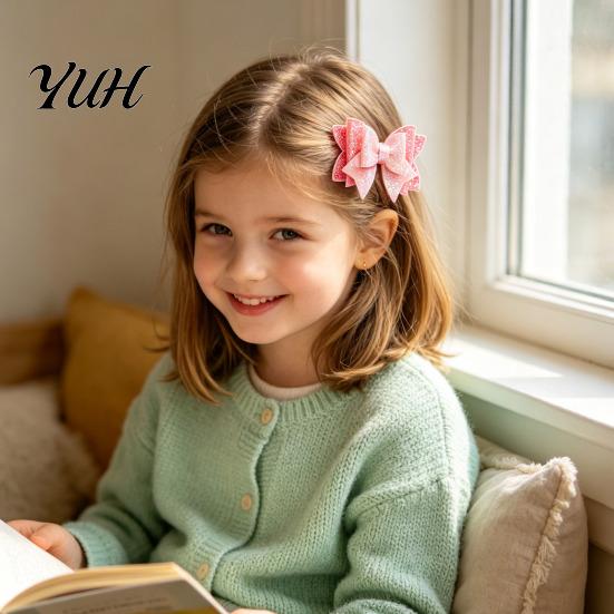 Fashion Hair Accessories Double Layered Glitter Bow Clip for Girls, Artificial Leather Barrettes, Party Non Slip Children Daily Wear & Kids