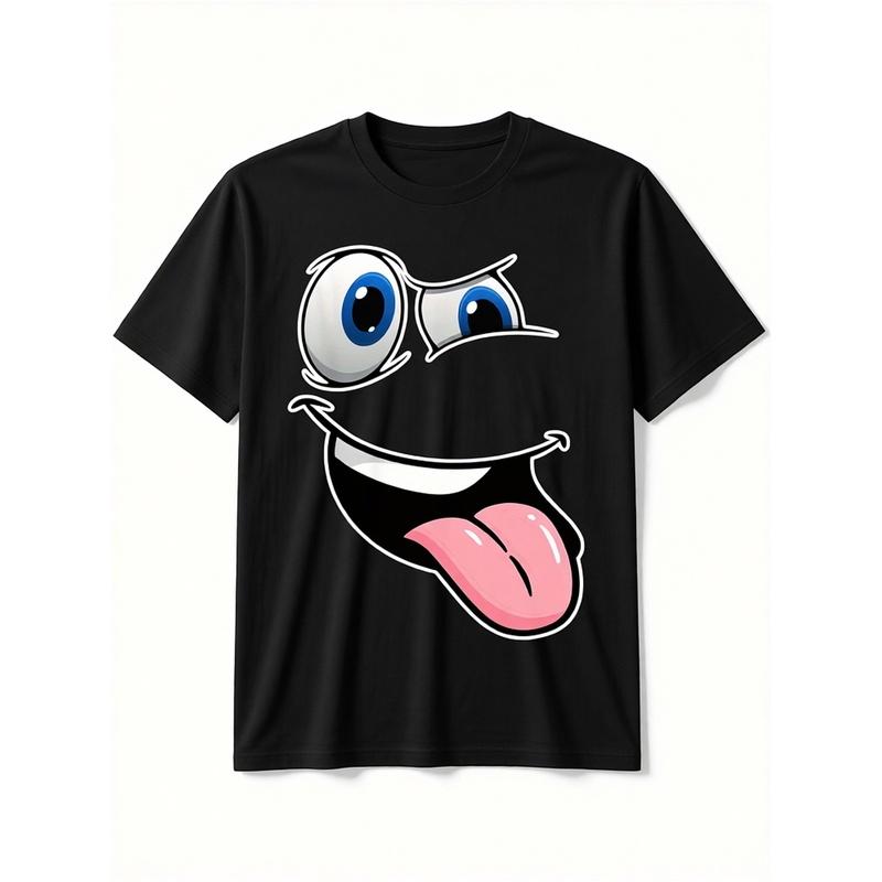 Men's Black Cotton T-Shirt with Hilarious Cartoon Face Design - Funny Eyes& Tongue Out Print, Casual Crew Neck Tee, Perfect Gift for Friends& Family,