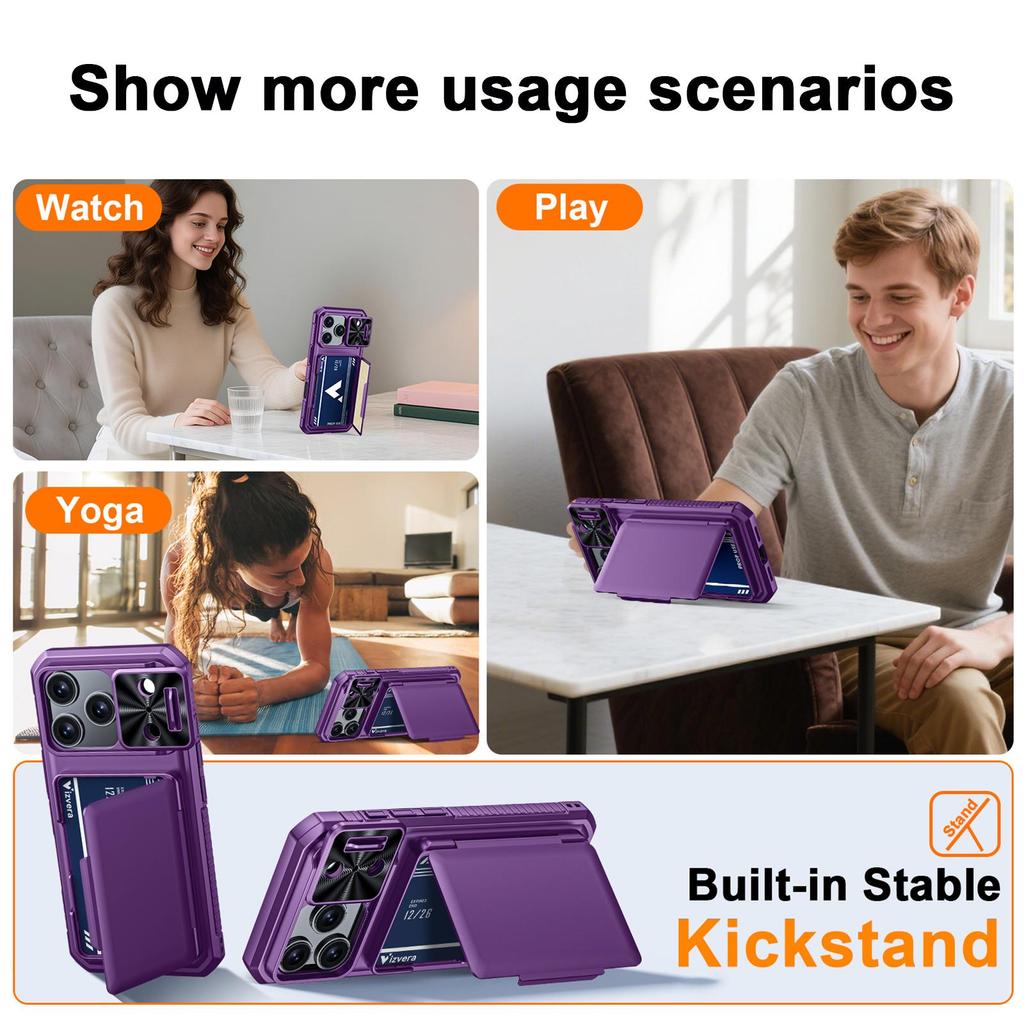 RFID Blocking Wallet Case with Card Holder Sliding Camera Cover Stand PC+TPU Protective Case for iPhone 17 Pro-Purple