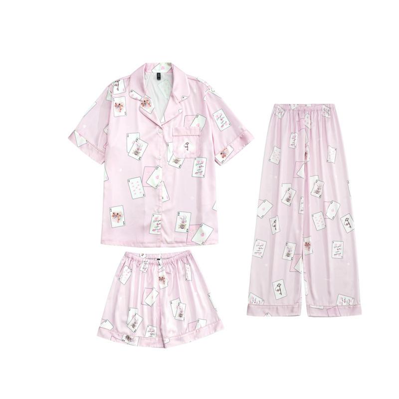 Summertime Three-piece Ice Silk Pajamas For Women Short-sleeved Suit Pink Playing Card Pajamas Sweet, Cute and Comfortable Home Clothes