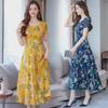 2021 Summer Korean Floral Short-Sleeved Slim Dress with Round Neck and Large Swing Skirt for Women