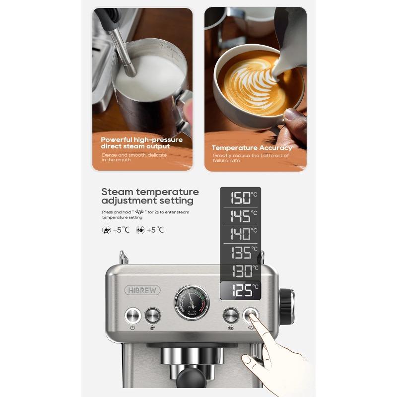 HiBREW 20Bar Semi-Automatic Espresso & Cappuccino Machine - Temp Adjustable, 58mm Portafilter, Metal Case