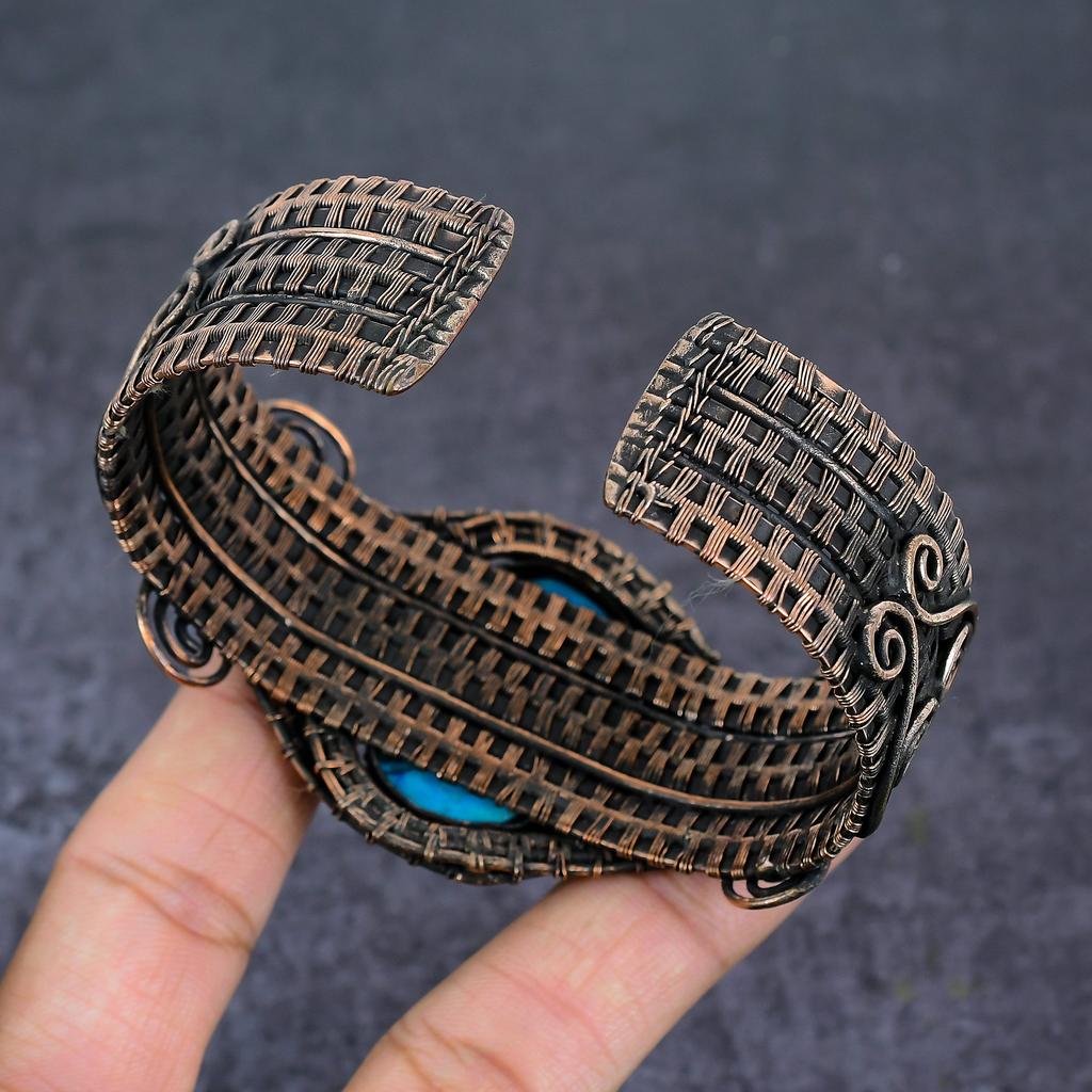 Тибетская бирюза, драгоценный камень, ручная работа, манжета-браслет с обмоткой из медной проволоки, регулируемый j9R87