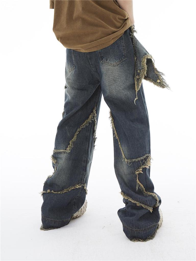 American Retro Distressed Wide-Leg Jeans with Pentagram Design and Big Pockets for Men