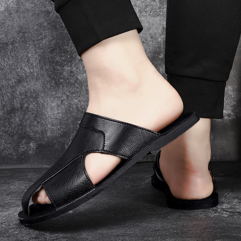 Outdoor Casual Men's Slippers Plus Size Soft Sole Breathable Summer New Style Beach Shoes Leather Large Size Soft Bottom Sandals
