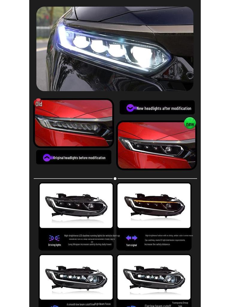 Светодиодная сборка фар для Honda Accord 10-го поколения (2018-2022) с проектором, дневными ходовыми огнями и последовательными указателями поворота