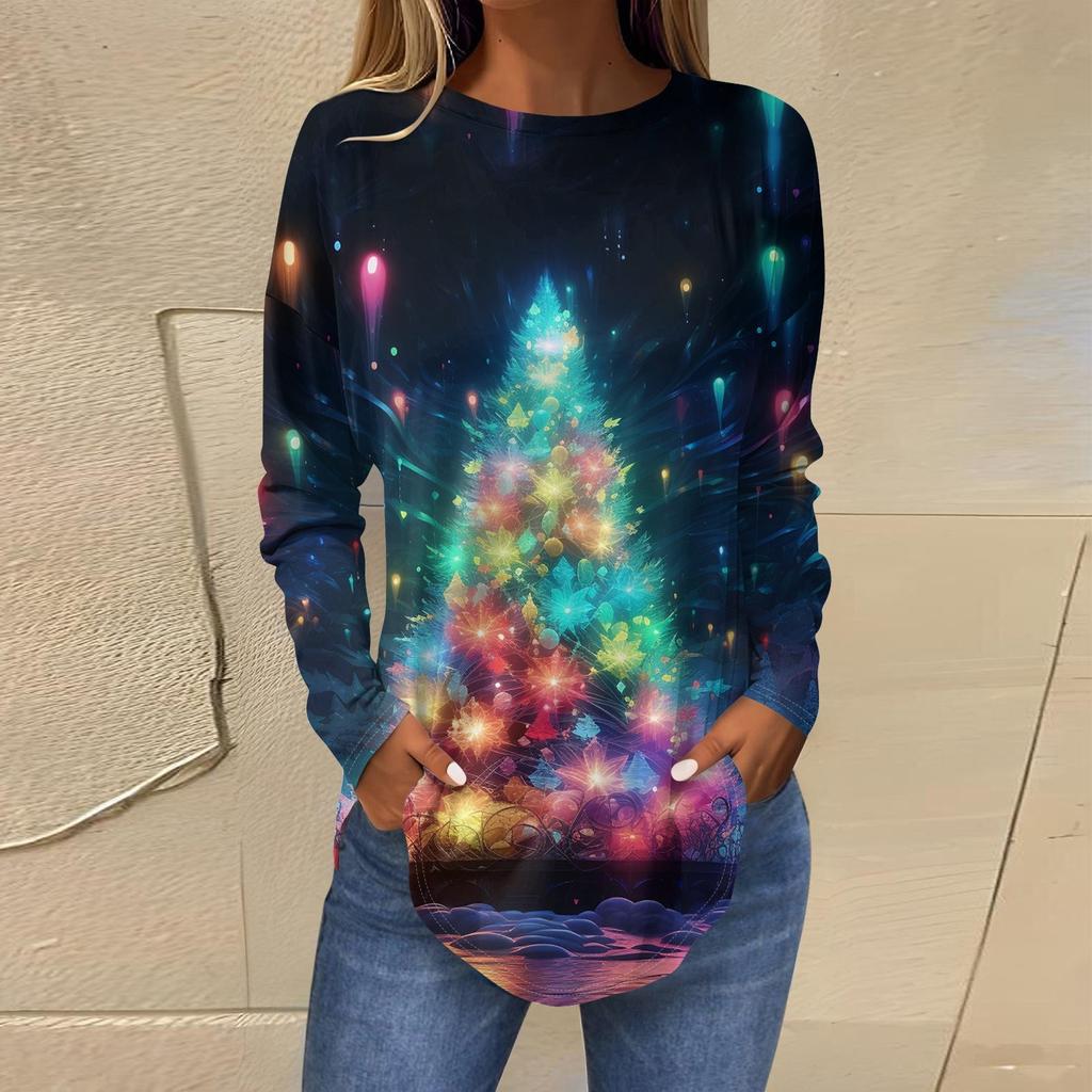 Женская свободная футболка с круглым вырезом и длинными рукавами с принтом в стиле ретро, пуловер на Рождество