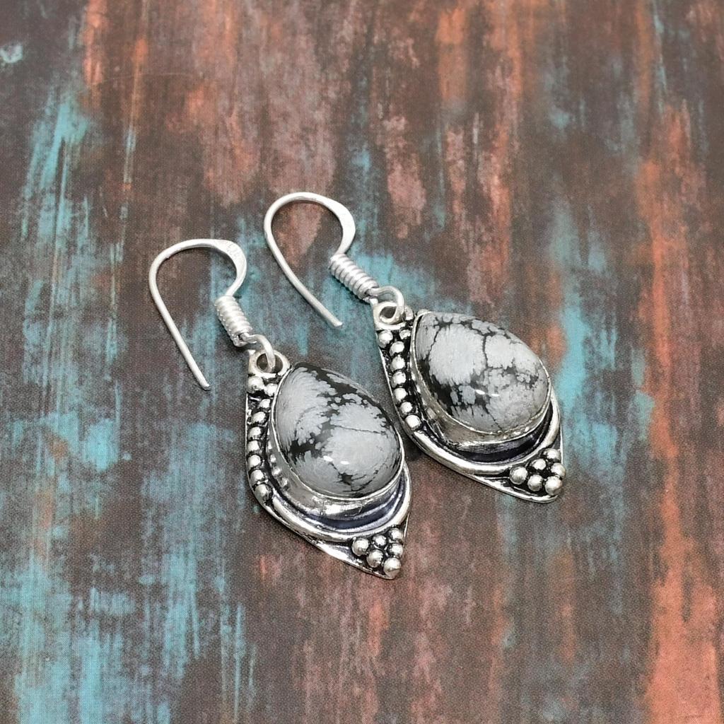 Ювелирные серьги ручной работы из твердого серебра 925 пробы со снежинкой, обсидианом и драгоценными камнями