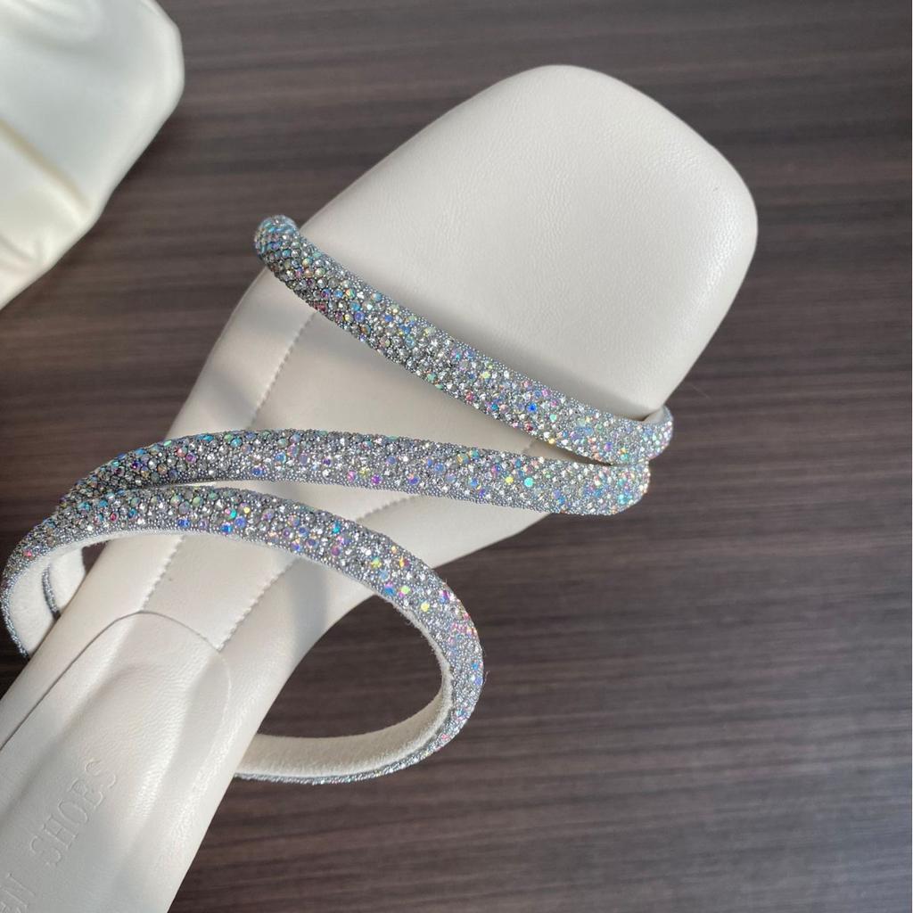 Fairy Lang Crystal Sexy Cool Slippers Female Thin Heel Rhinestone Wind 2025 Summer Stepping On Shit High Heels Thick Heel