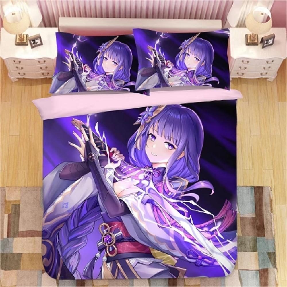 Anime Character Microfibre Bedding Sets for Kids Teens Adults Purple Duvet Cover with Zip Room Decor
