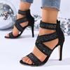 Fashion Sexy Lace Cross Strap Zip Sandals Women 2025 Summer Black Glitter Mesh Super High Heels Pumps Steel Tube Dance Shoes Women