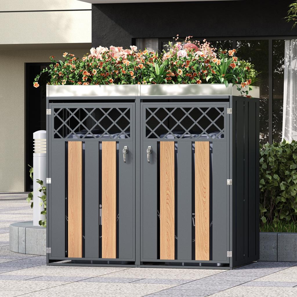 Trash Can Box, with Diamond-Shaped Ventilation Holes, Trash Storage Compartments, Lockable, Two Doors, Planting Area