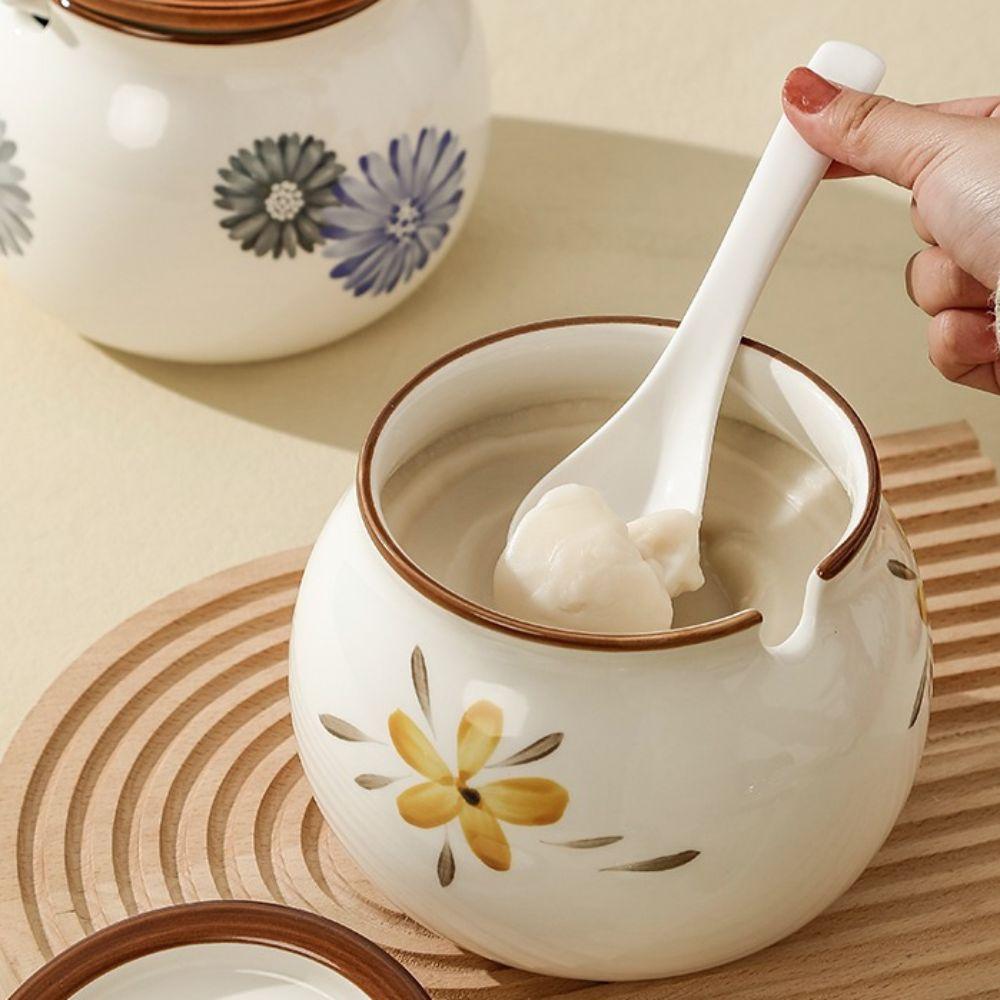 С крышкой и ложкой Керамическая банка для жира Японская горшочка для жира Практичная банка для приправ Сахар