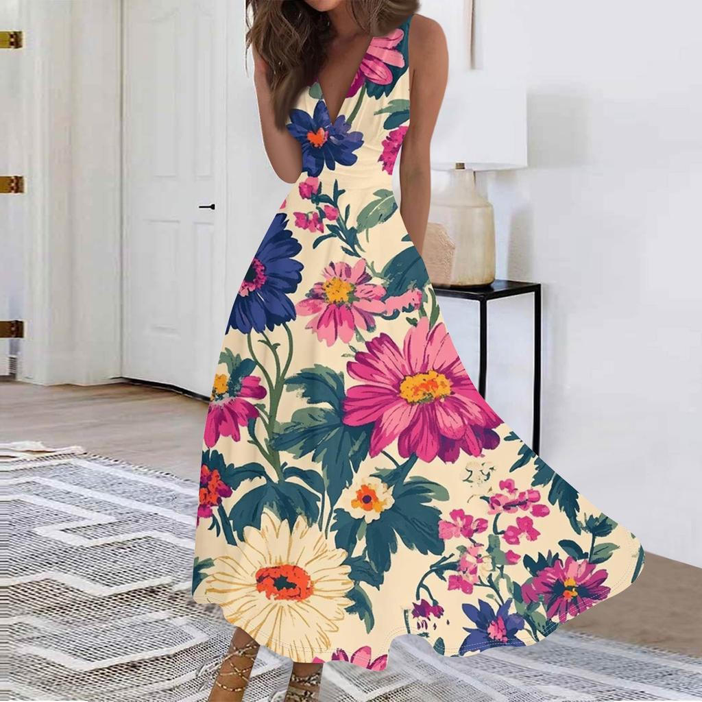 Женские модные повседневные свободные платья с V-образным вырезом без рукавов с принтом