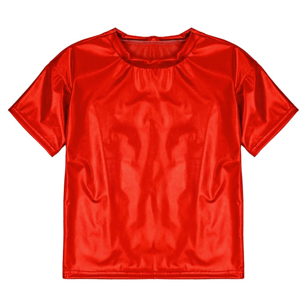 Детские блестящие футболки металлизированного цвета с короткими рукавами для мальчиков и девочек, топы для танцев, вечерние блестящие наряды