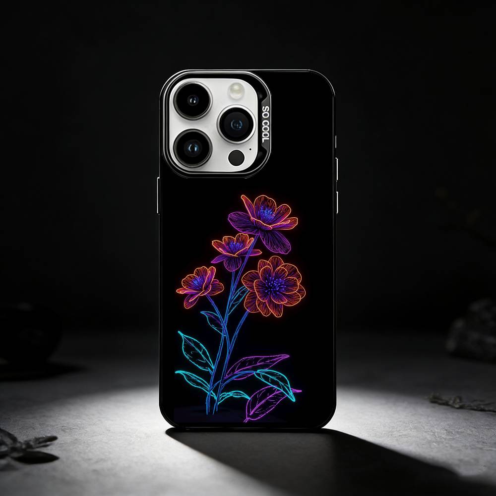 Neon Glow Flowers Phone Case For iPhone 17,16,15,14,13,12,11 Plus,Pro Max,XS,Colored silver phone case