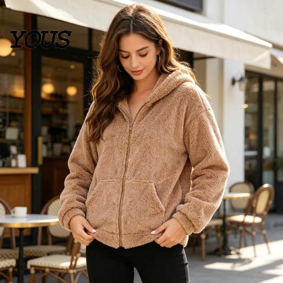 Soft Plush Outerwear Women Oversized Fleece Jacket, Warm Casual Hooded Coat with Solid Color Pockets, Long Sleeve Zip-Up Hoodie for Fall Winter