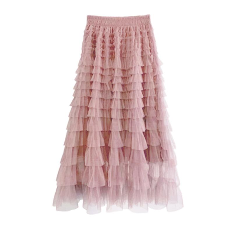 Qooth Осенняя сетчатая пышная длинная юбка в корейском стиле, элегантная винтажная бальное платье с эластичной резинкой на талии и высокой талией, газовая тюлевая юбка QT1989