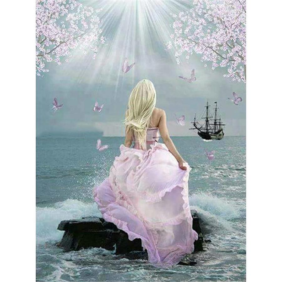 Full 5D Diy Diamond Painting Back View of Sea Girl Embroidery Cross Stitch Home Decor Handmade Gift