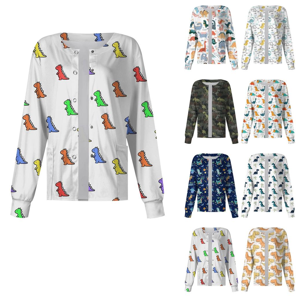 Женский однобортный защитный комбинезон с длинным рукавом и рисунком динозавра, карманный рабочий воротник-стойка, кардиган, куртка, топ