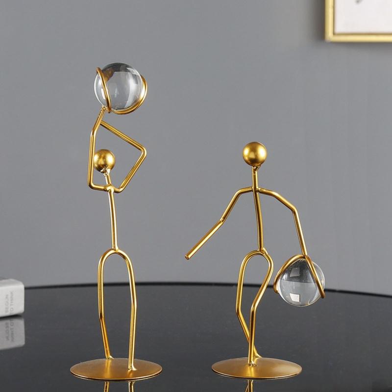 Athlete Crystal Ball Figurine Iron Gold Desktop Ornament Crafts Decor Supplies for Home Bedroom Living Room Desk Decor