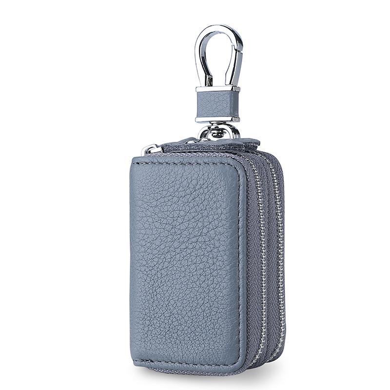 Genuine Leather Double Zipper Car Key Bag with Waist Hanging Key Chain for Men