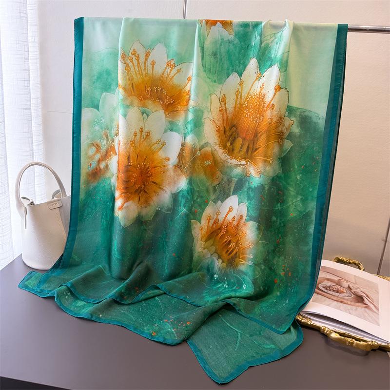 Spring and Summer Thin Printing Simulation Silk Brocade Sunscreen Pink Purple Flower Silk Scarf Long Scarf Shawl Versatile Headscarf Scarf