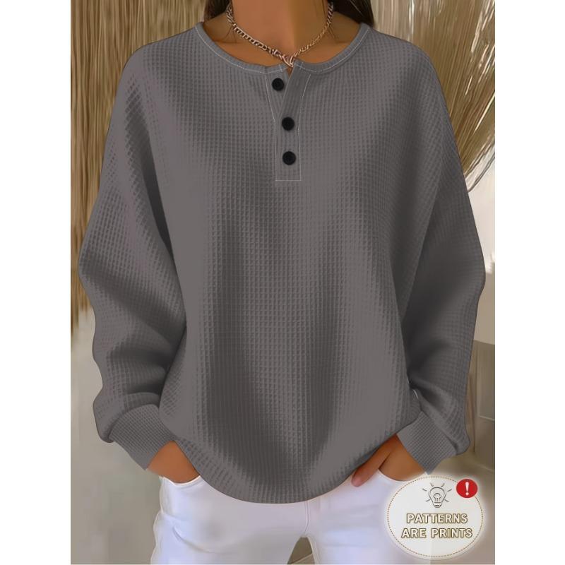 Henley Collar Standard Size Women'S Waffle Long Sleeve Casual T-Shirt, Pure Pink, Soft Skin-Friendly Breathable Fabric