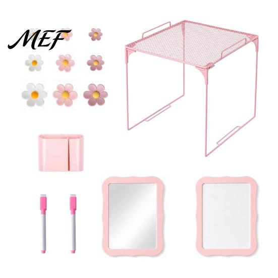 Locker Mirror 15Pcs/Set Pink Accessories for School Girls, with Shelf, Dry Erase Whiteboard, Set Markers, Mirror, Pen Holder, Flower Magnets,