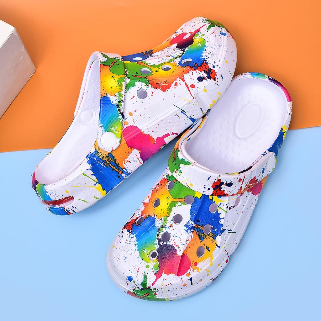 Summer Men's & Women's Sandals Tie-Dye Pattern Clogs Slip On Lightweight Two-Way Wear Garden Clogs Non-Slip Beach Slides