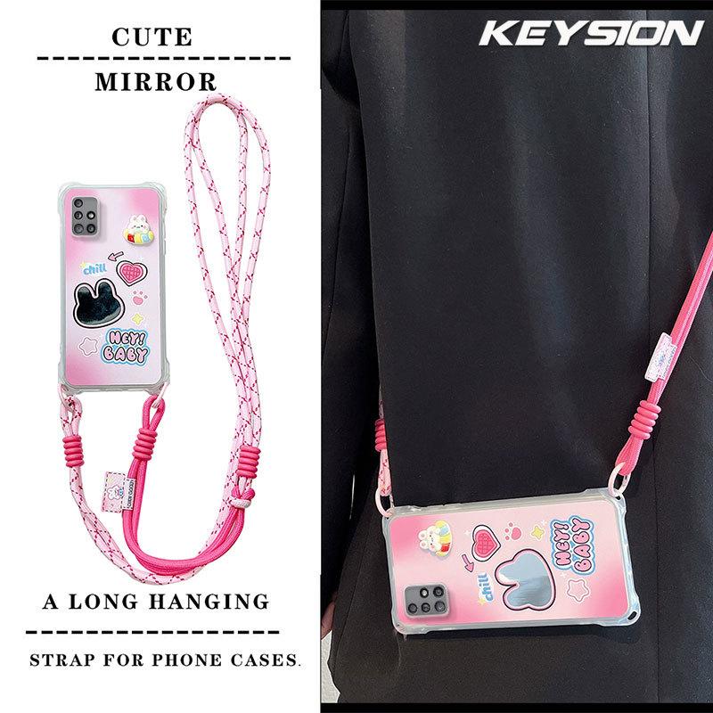 KEYSION Crossbody Strap Phone Case for Samsung A51 4G Cute Cartoon Long Lanyard Mirror Shockproof Cover for Galaxy A51