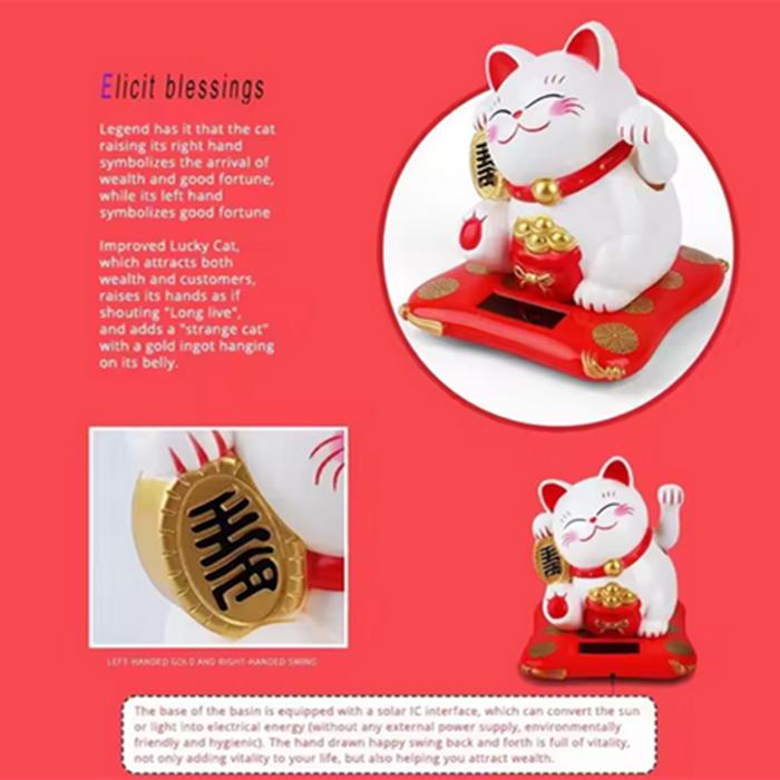 Lucky Beckoning Cat Solar Powered Waving Wealth Good Fortune Awaits Solar-Powered Ornaments For Home, Office