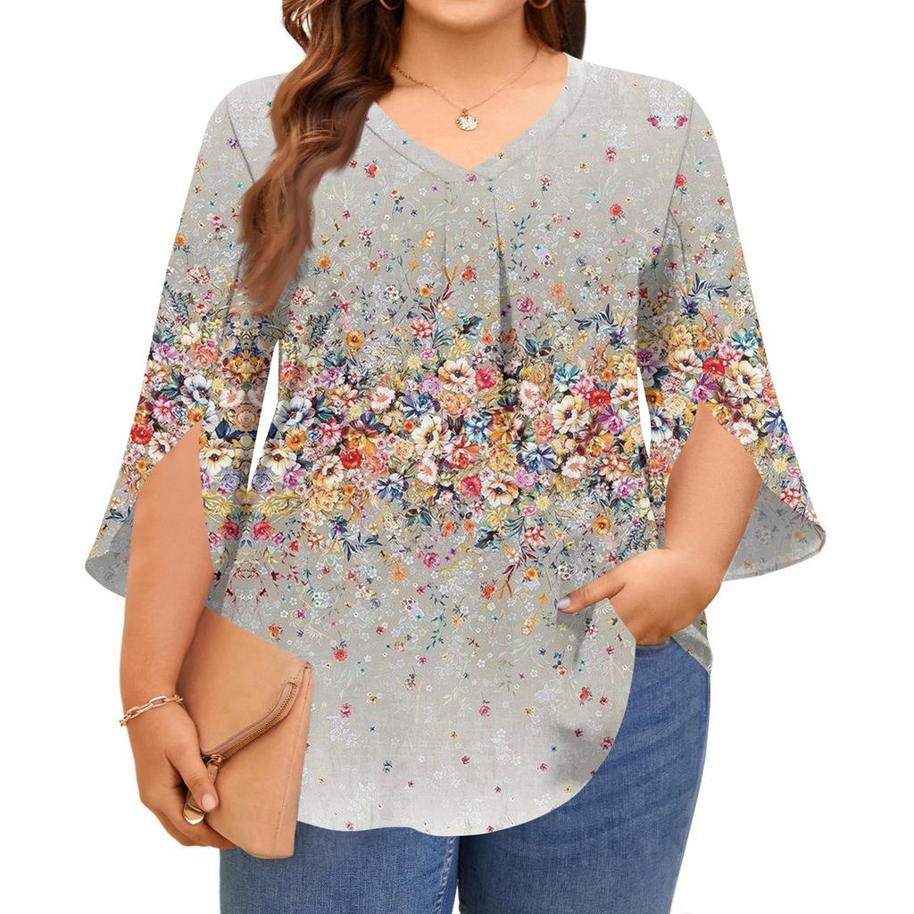 Женские топы с принтом, V-образным вырезом, больших размеров, с рукавами 3/4, элегантные рубашки