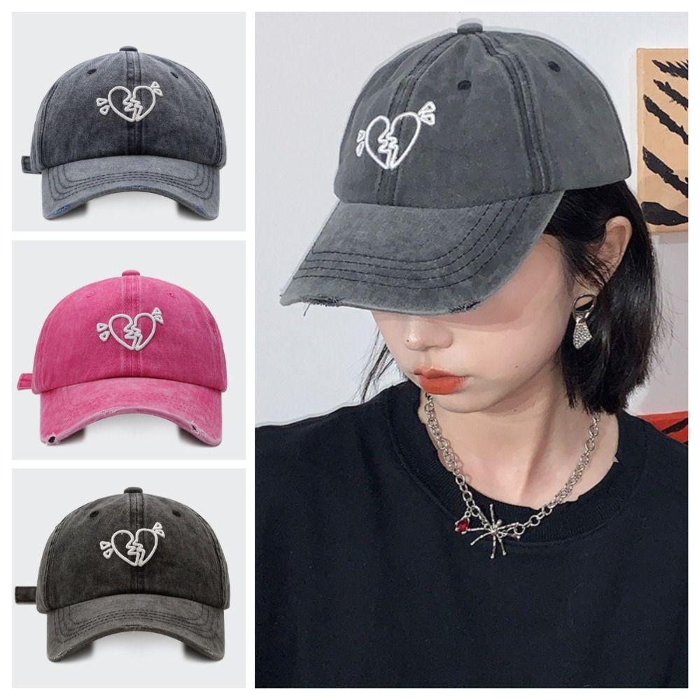 Korean Style Embroidered Sun Hat Cotton Washed Cotton Peaked Hat Love Heart Baseball Cap Outdoor