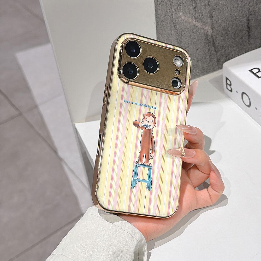 Lucky Start Phone Case For iPhone 17 16 15 14 13 12 11 Pro Max 16E Gold Electroplated glass shell  Brushing Monkey Cover