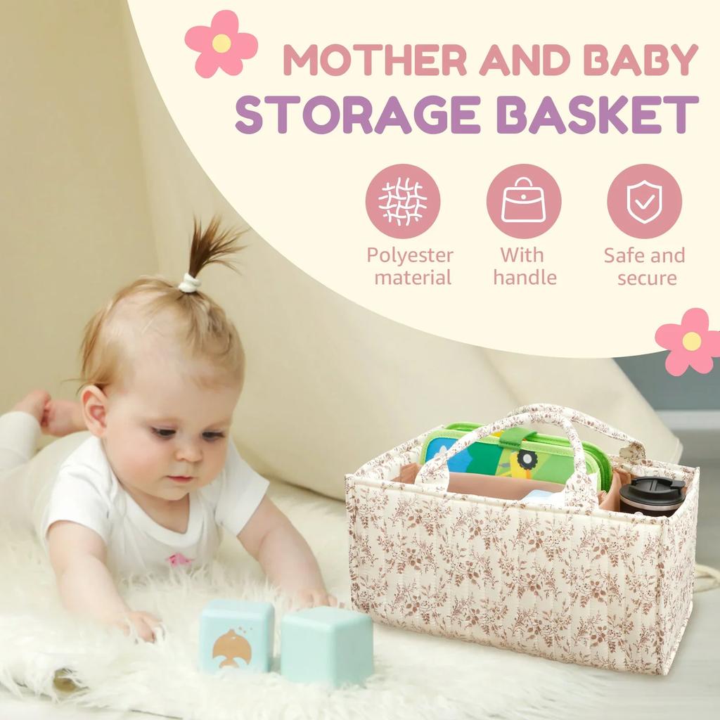 Органайзер для подгузников с цветочным принтом, с ручками и съемными перегородками, портативная корзина для хранения в детской, универсальная корзина для хранения детских вещей