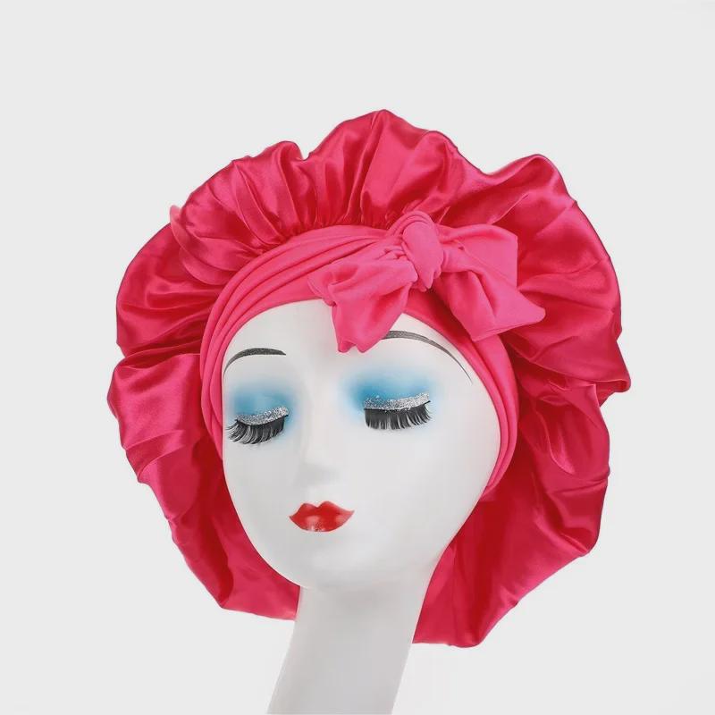 High Elastic Satin Nightcap with Wide Brim & Bow for Salon Hair Care