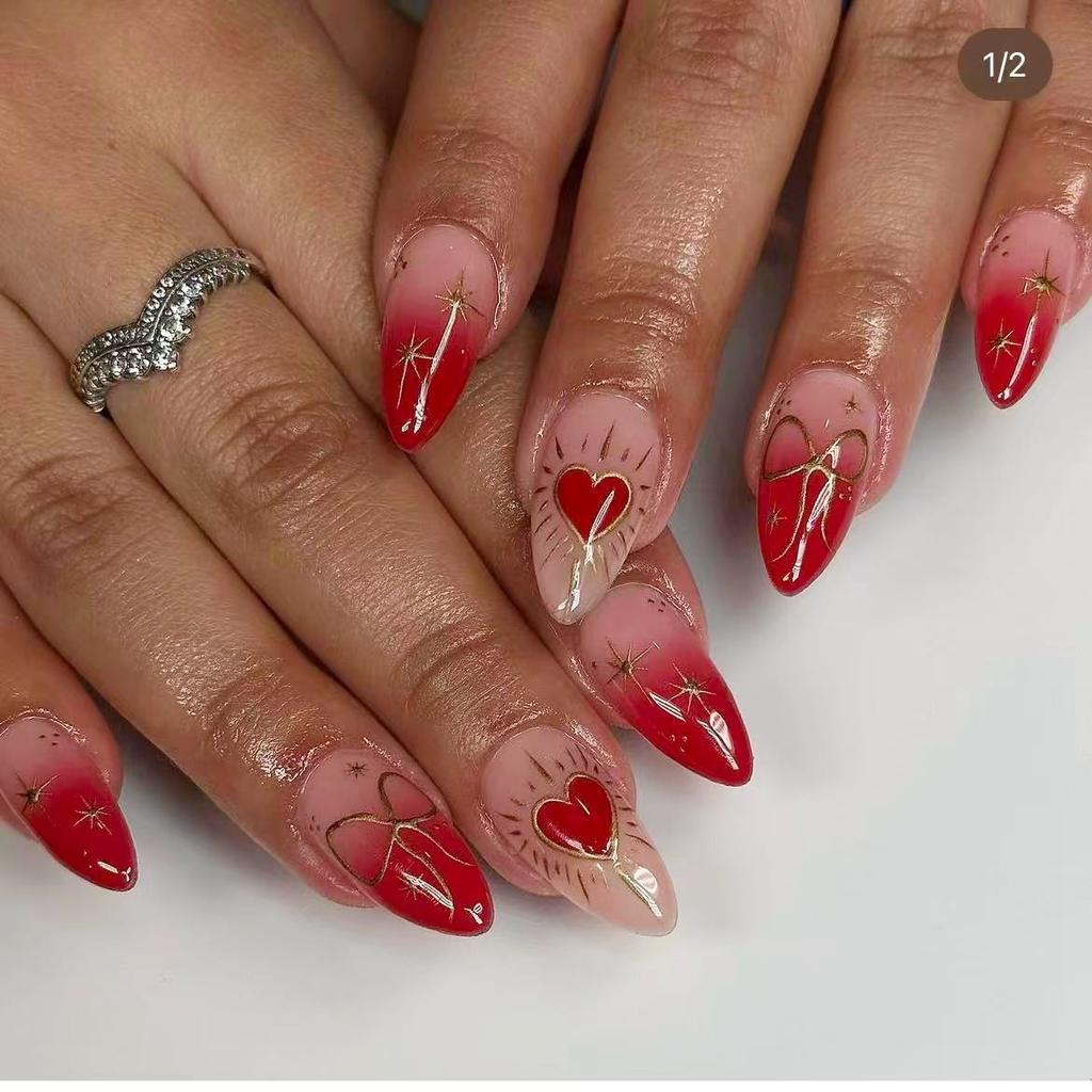 24 шт. Малиновые ногти с леопардовым принтом, французский миндаль, накладные ногти с клеем, нежно-розовые сердечки, короткие овальные накладные ногти для горячих девушек, трендовые ногти