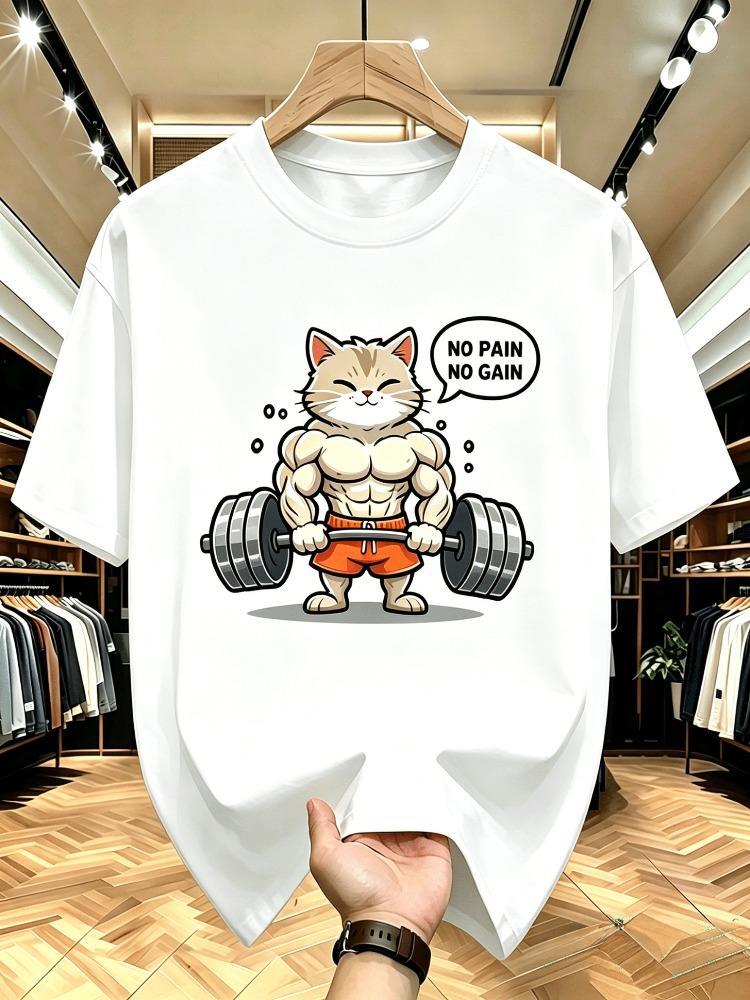 Unisex O Neck Tee Muscular Gym Cat Lifting Dumbbell Print Cotton Short Sleeve Loose Summer Breathable Daily Casual Basic Wear Top