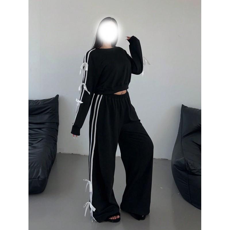 Womens Streetwear Hoodie Set With Side Bow Detail Slim Fit Long Sleeve Casual Outfit