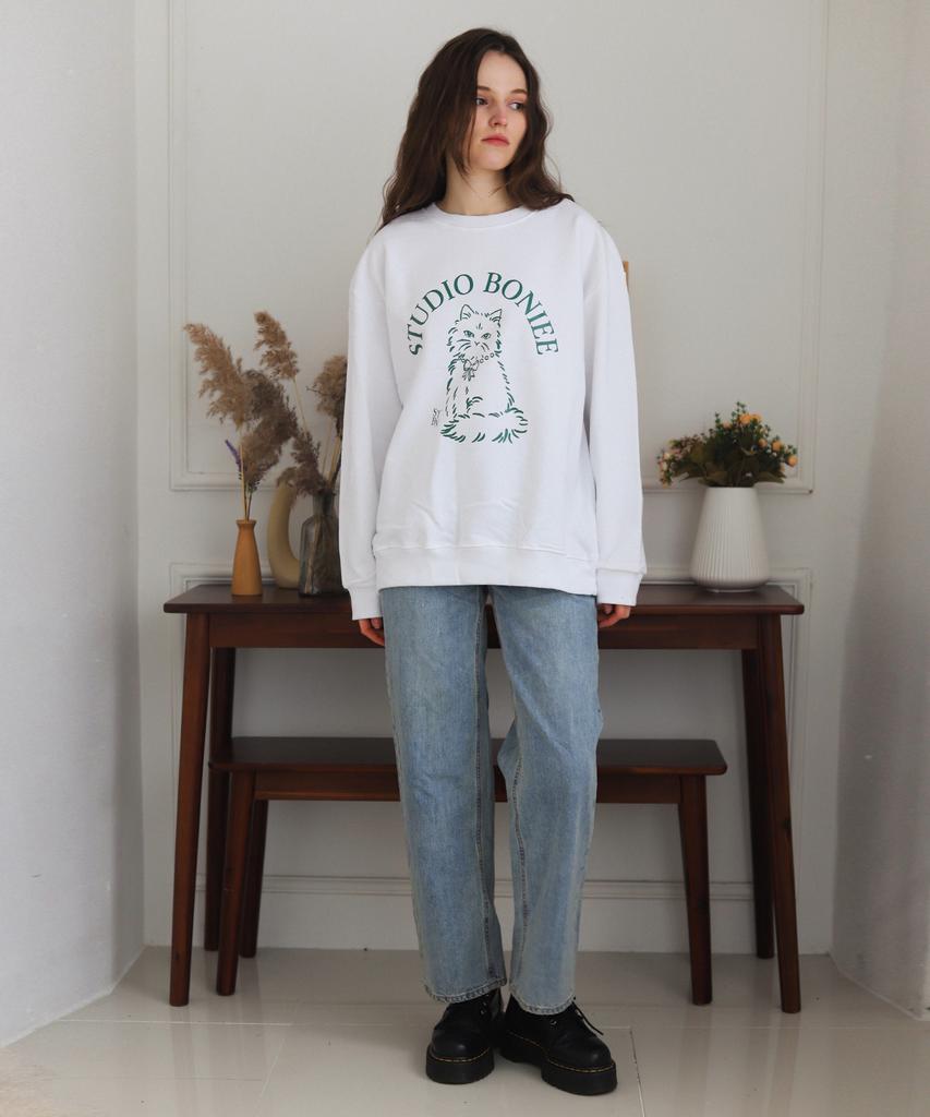 BONIEE [Fleece Lined] New Cat Symbol Cat Oversized Sweatshirt White