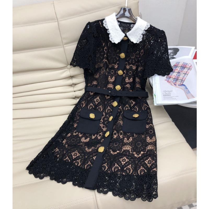 Летние женские кружевные платья с вырезами, воротником Питер Пэн на пуговицах, платья для вечеринок с коротким рукавом, женские халаты с поясами