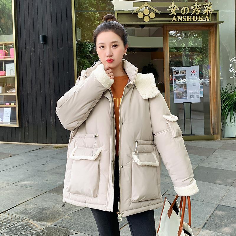 Navy collar casual cotton clothes women's winter new lamb wool contrasting color fashion explosion loose coat trend