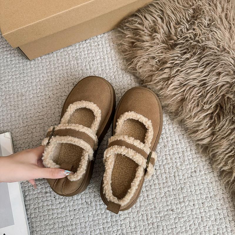 Меховые туфли на платформе из хлопка, женские туфли на плоской подошве, замшевые повседневные туфли Мэри Джейн, платье в стиле Лолиты, уютное зимнее трендовое плюшевое теплое ботильоны для женщин 2025 года