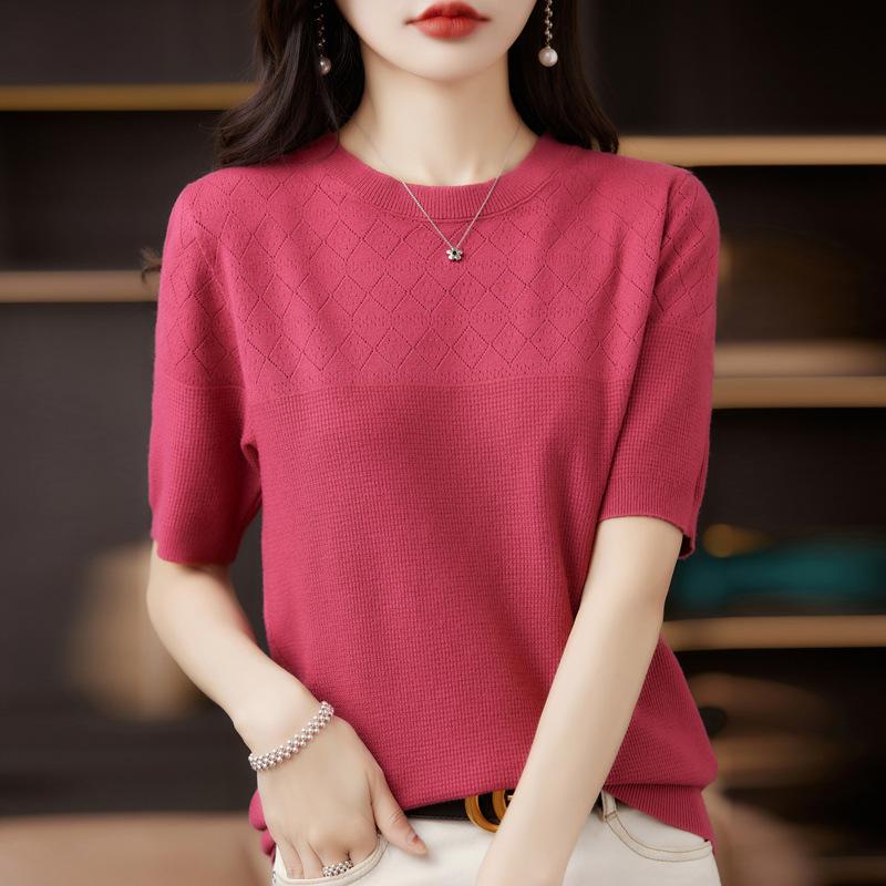 Spring Women's T-shirt Round Neck Knitted T-shirt Solid Colour Hollow Out Tops Knitwear