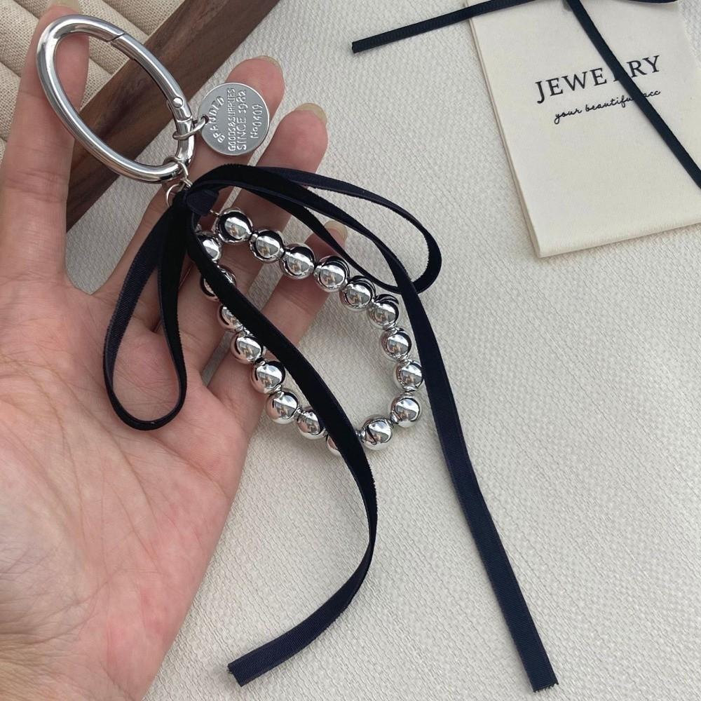 Silk Ribbon Ribbon Keychain Engraved Oval Metal Phone Charm Strap Metal Key Ring for Young Women